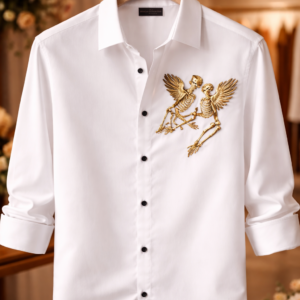 Men’s Premium White Shirt – Gold Skeleton Embroidered Statement Shirt