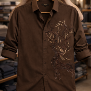 Men’s Designer Shirt – Artistic Deer Embroidered Casual Shirt