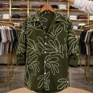 Men’s Stylish Leaf Printed Shirt – Olive Green Full Sleeve Casual Shirt