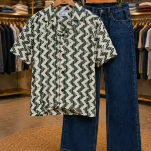 Men’s Stylish Zig-Zag Print Shirt – Green & White Half Sleeve Casual Wear