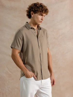 Men’s Taupe Brown Casual Short Sleeve Shirt
