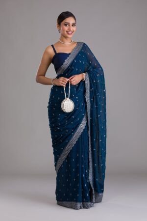 Royal Blue Floral Printed Semi Crepe Saree