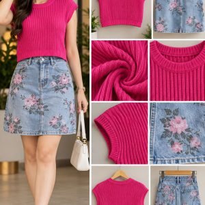 Pink Ribbed Knit Top with Floral Print Denim Skirt